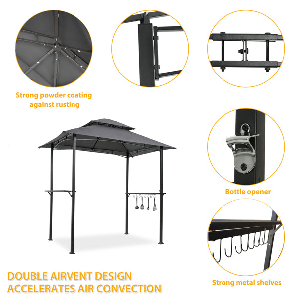 Outdoor Grill Gazebo 8x5ft: Double Tier Canopy, Steel Frame, Bar Counters, Grey Shelter Tent