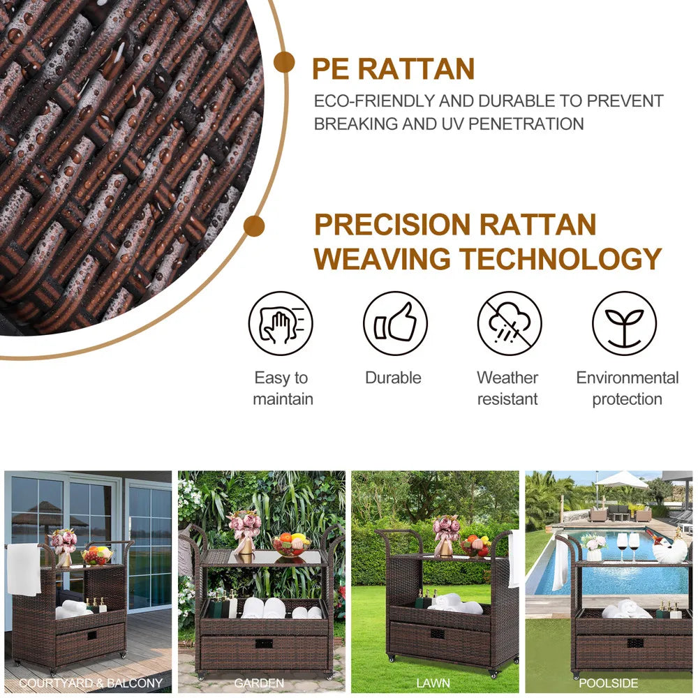 102x47x93CM Outdoor Patio Wicker Rattan Serving Bar Cart Sideboard with 1 Drawer Brown - Link Logical Mall