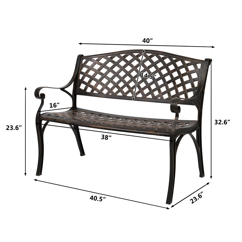 Outdoor Cast Aluminum Bench w/ Mesh Backrest Seat Surface for Courtyard Park Decoration Bronze