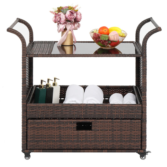 102x47x93CM Outdoor Patio Wicker Rattan Serving Bar Cart Sideboard with 1 Drawer Brown - Link Logical Mall