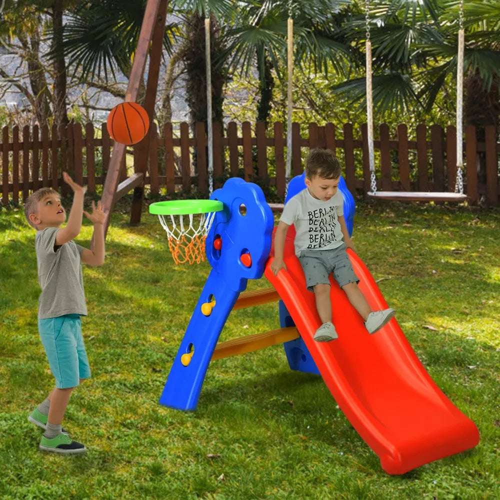 2 Step Children Play Folding Slide w/ Basketball Hoop Kids Indoor & Outdoor