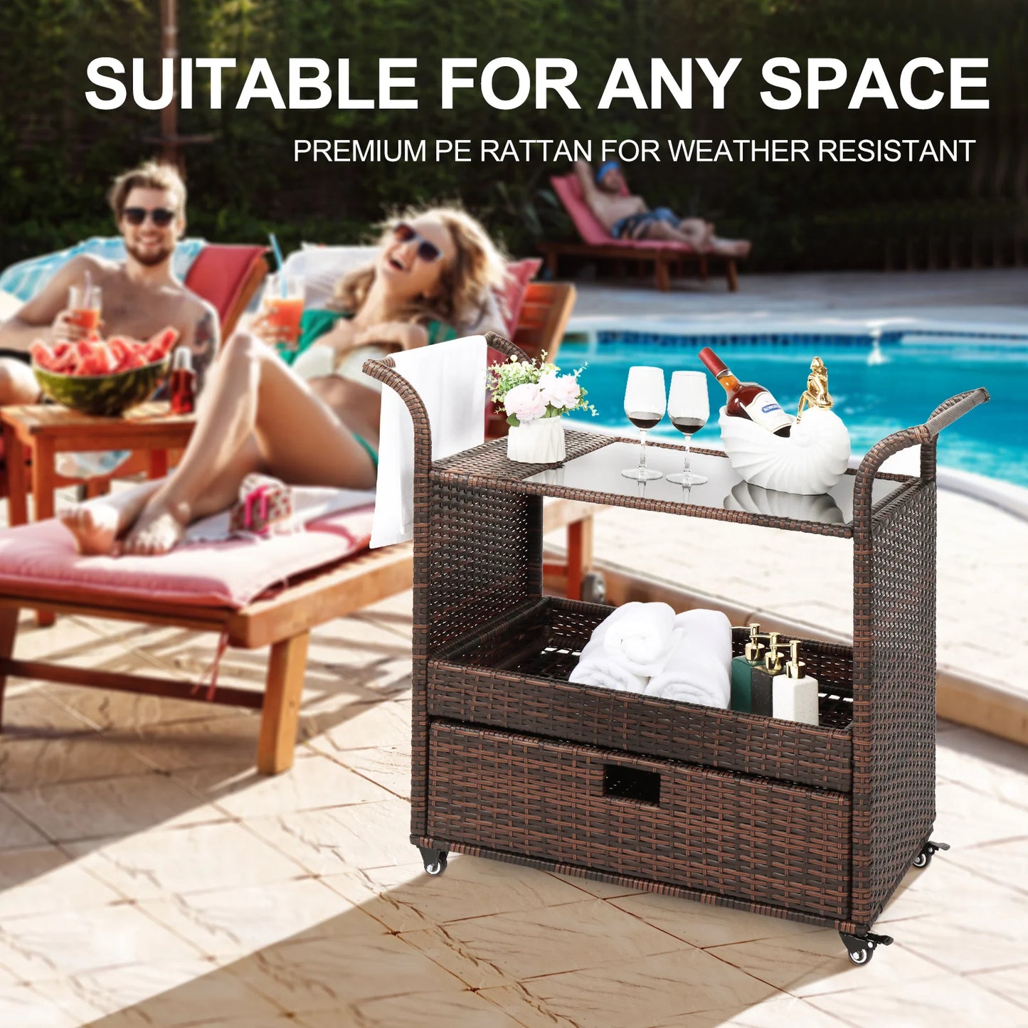 102x47x93CM Outdoor Patio Wicker Rattan Serving Bar Cart Sideboard with 1 Drawer Brown - Link Logical Mall