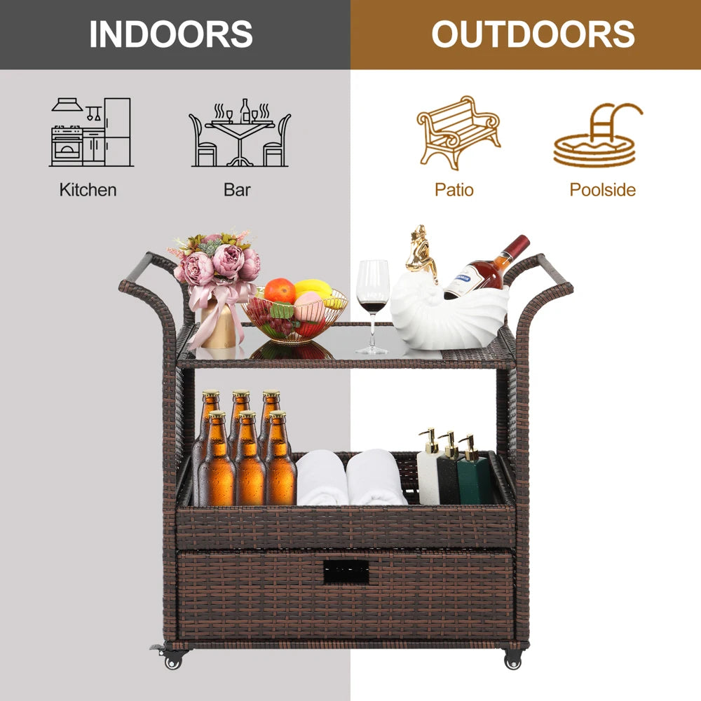 102x47x93CM Outdoor Patio Wicker Rattan Serving Bar Cart Sideboard with 1 Drawer Brown - Link Logical Mall