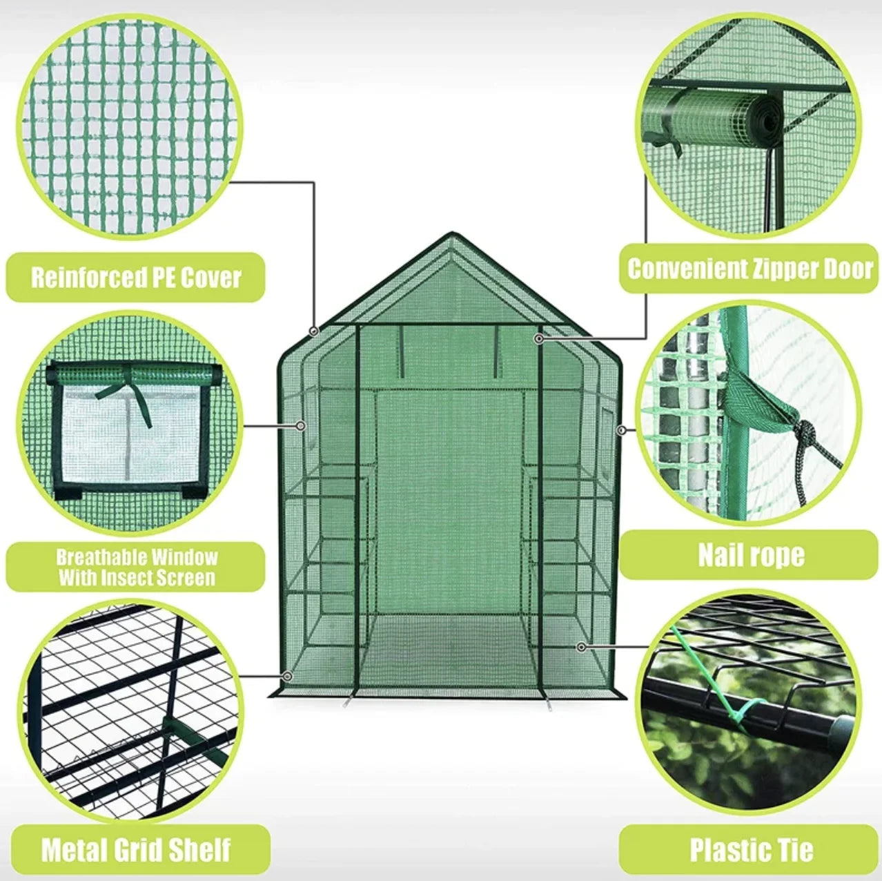 Spacious Walk-In Greenhouse: 56.5" x 56.5" w/ 8 Shelves, 2 Ventilation Windows, Double Zipper Doors