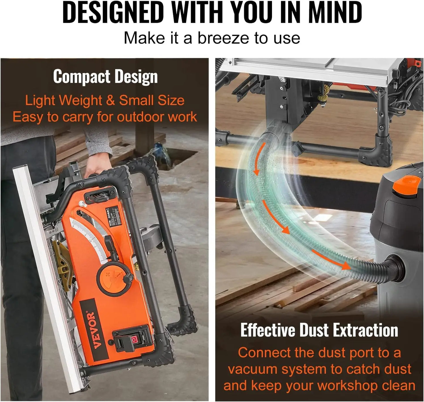 VEVOR 10" Table Saw: Powerful 15-Amp, 25" Rip Capacity, 4500RPM Speed, 40T Blade