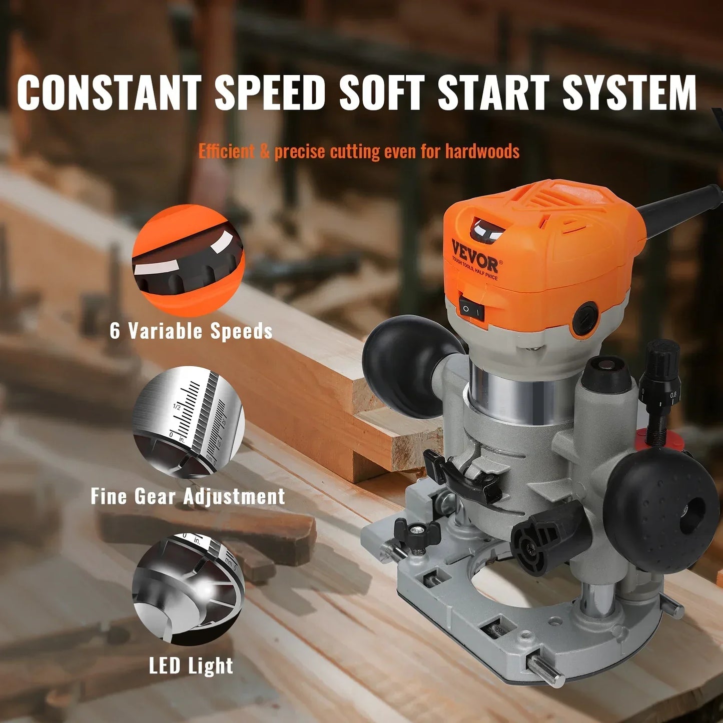 VEVOR 1.25HP Compact Wood Router: 800W Trimmer Combo Tool, 6 Speeds, 30000RPM