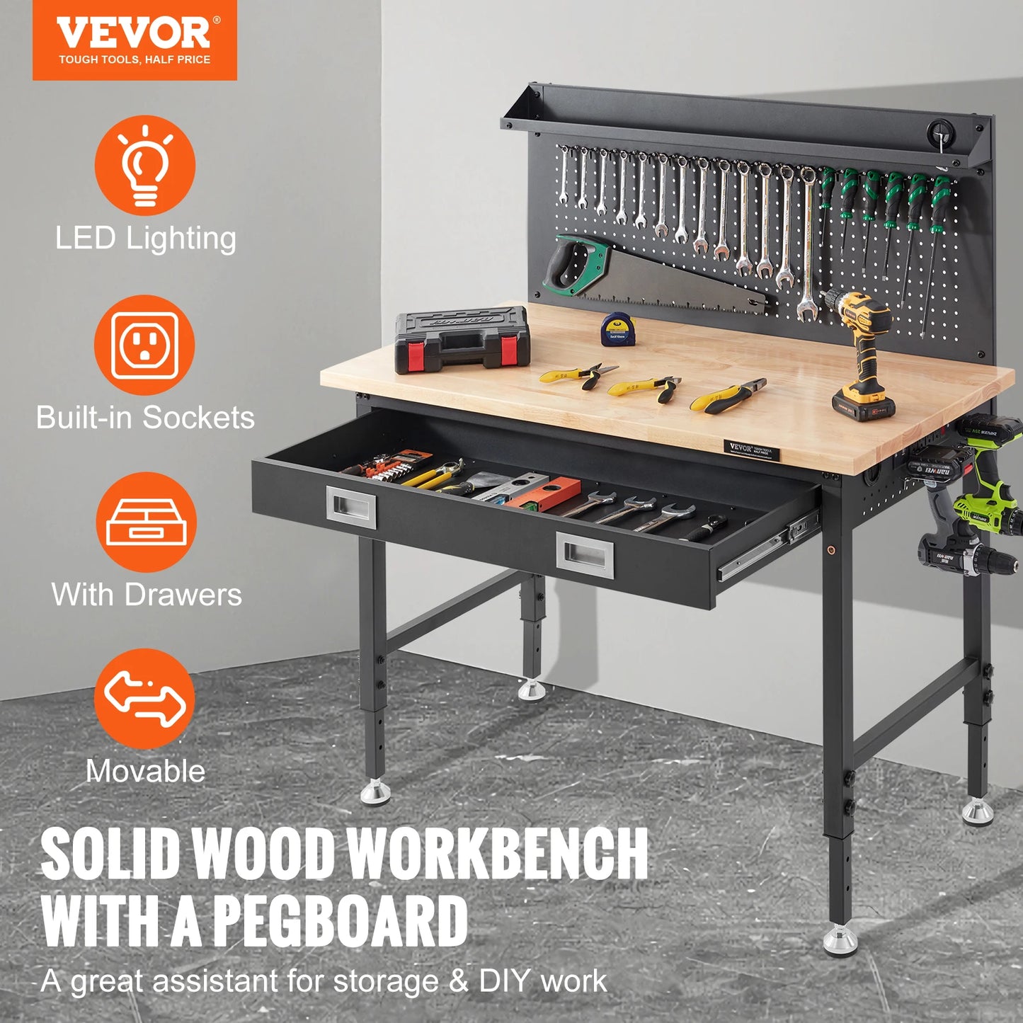 VEVOR 2000lbs Hardwood Workbench Heavy Duty Oak Plank Carbon Steel with 3m Cable 30 Hooks - Link Logical Mall