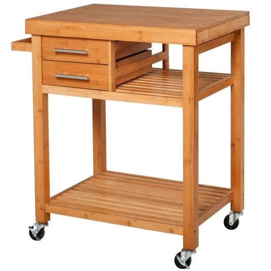 Bamboo Kitchen Island Trolley: Rolling Utility Cart w/ 2 Drawers, Adjustable Shelving & Wheels