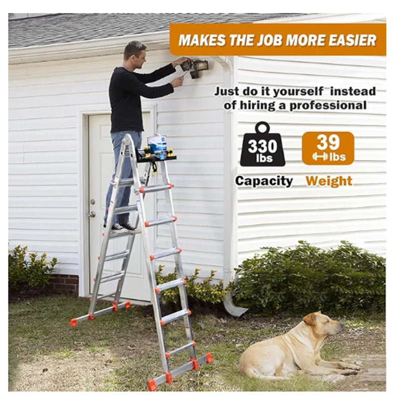 A Frame 4 Step Extension Ladder, 17 Ft w/ Multi Position & Removable Tool Tray w/ Stabilizer Bar