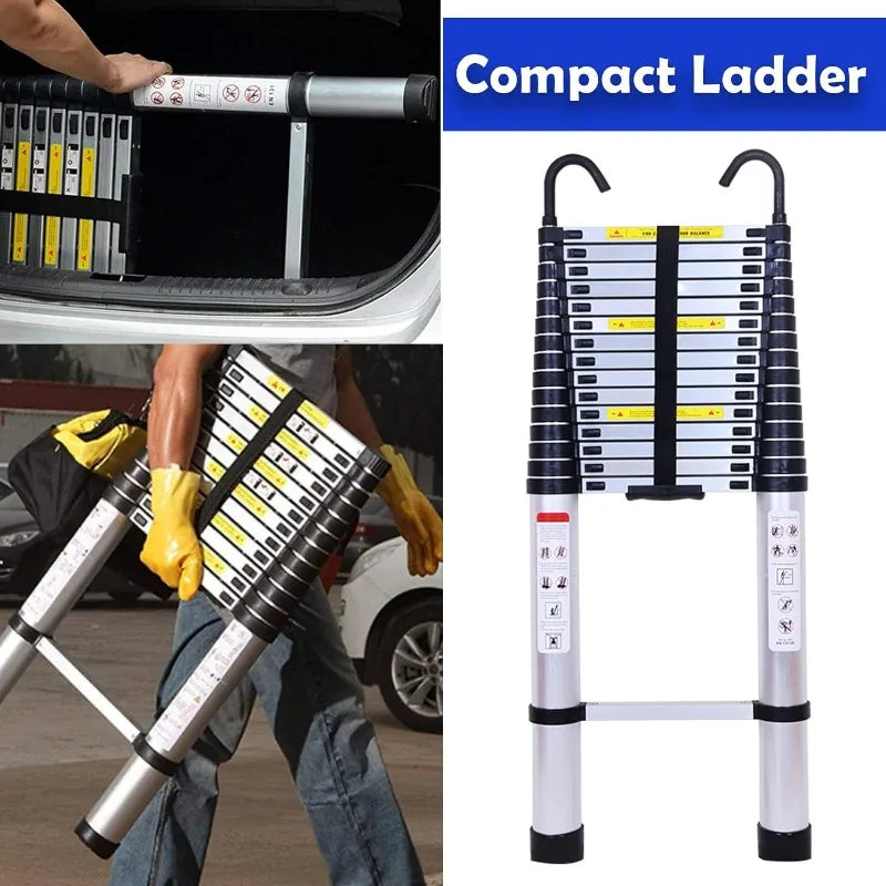 20ft 6.2M Aluminum Telescoping Ladder, w/ 2 Detachable Hooks, Anti-Slip Rubber Feet, 330lbs Max Capacity