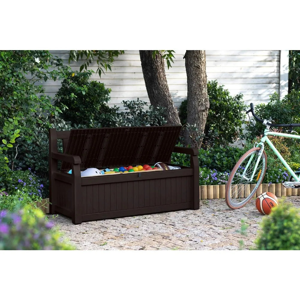 Solana 70 Gallon Storage Bench Deck Box for Patio Furniture Outdoor Garden Benches Brown