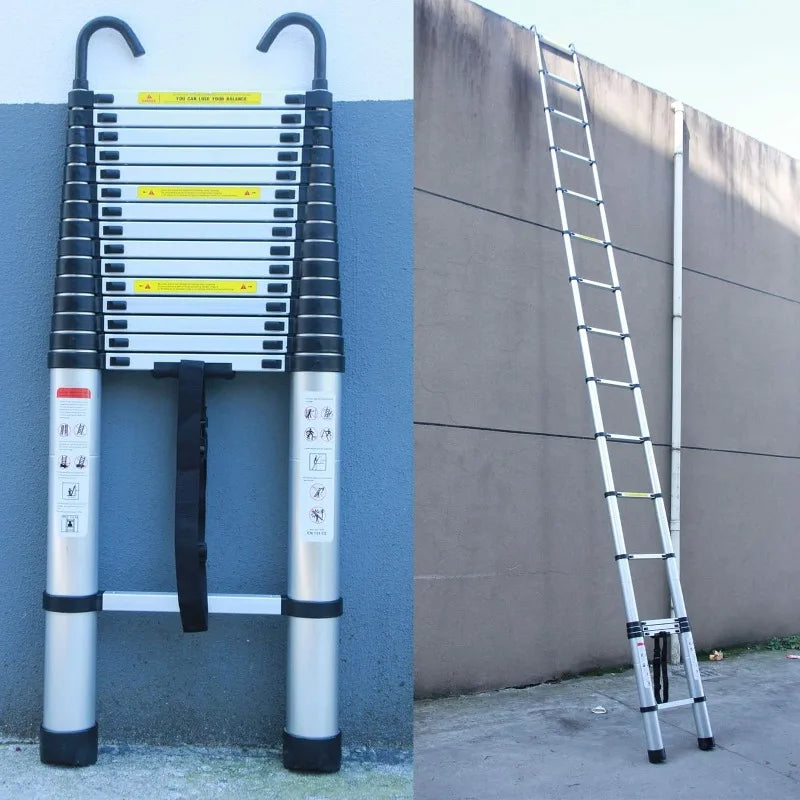 20ft 6.2M Aluminum Telescoping Ladder, w/ 2 Detachable Hooks, Anti-Slip Rubber Feet, 330lbs Max Capacity