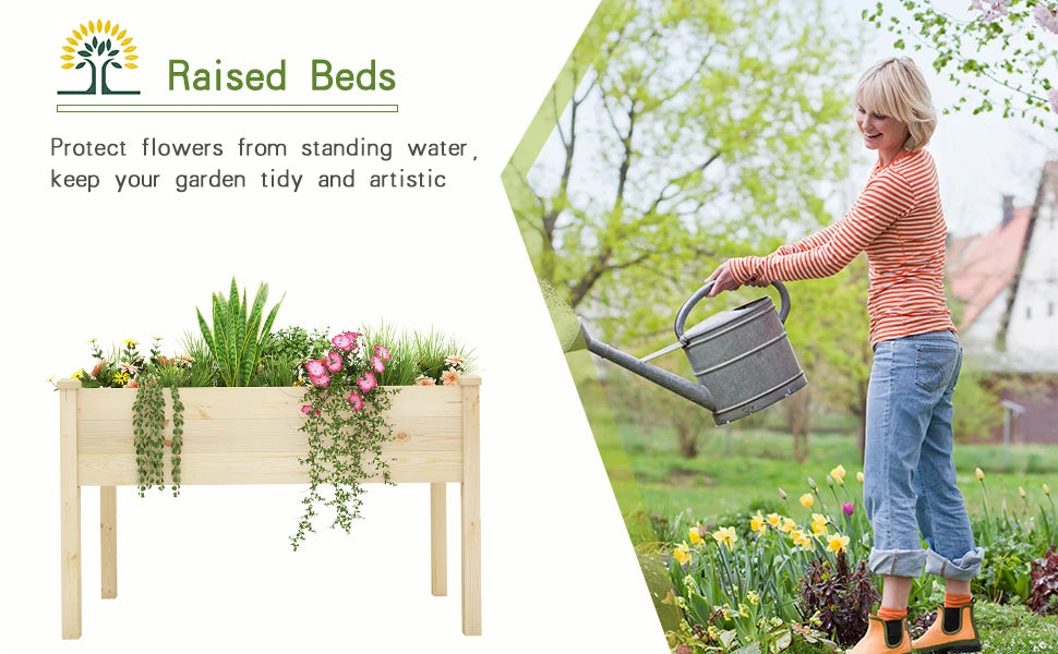 BIRASIL Outdoor Raised Garden Bed: Wood Planter Box for Vegetable Flowers, Reinforced, Elevated