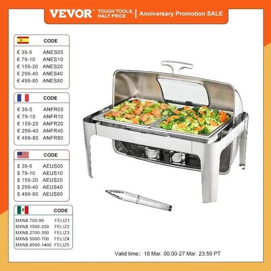 VEVOR 9QT Roll-top Chafing Dish, Set Stainless Steel w/2 Half Pans Rectangle Catering Warmer w/Lid