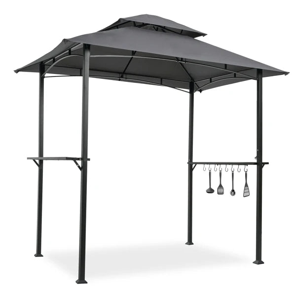 Outdoor Grill Gazebo 8x5ft: Double Tier Canopy, Steel Frame, Bar Counters, Grey Shelter Tent