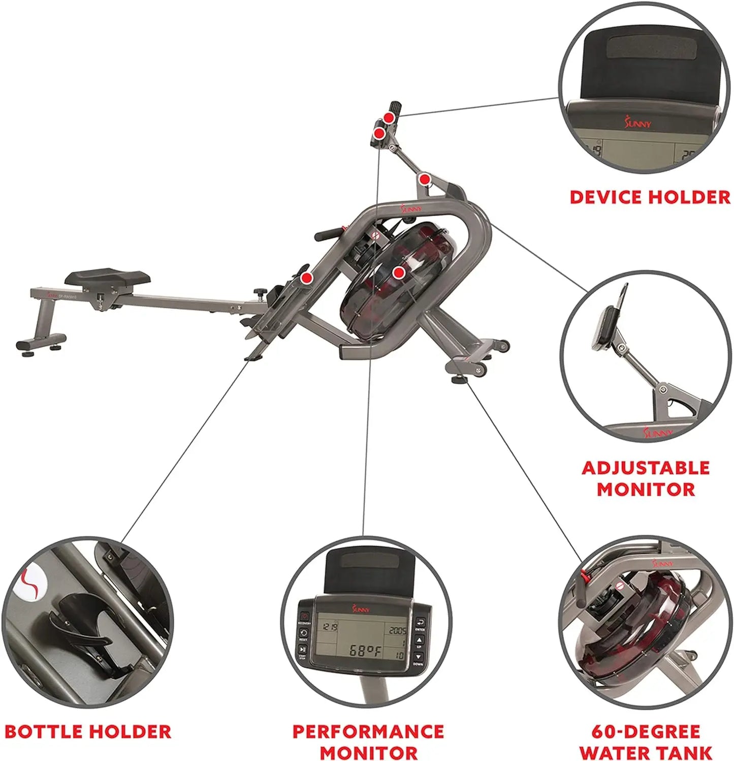 Elite Water Rowing Machine w/ High Resistance Vertical Tank, Optional Exclusive Bluetooth SunnyFit App