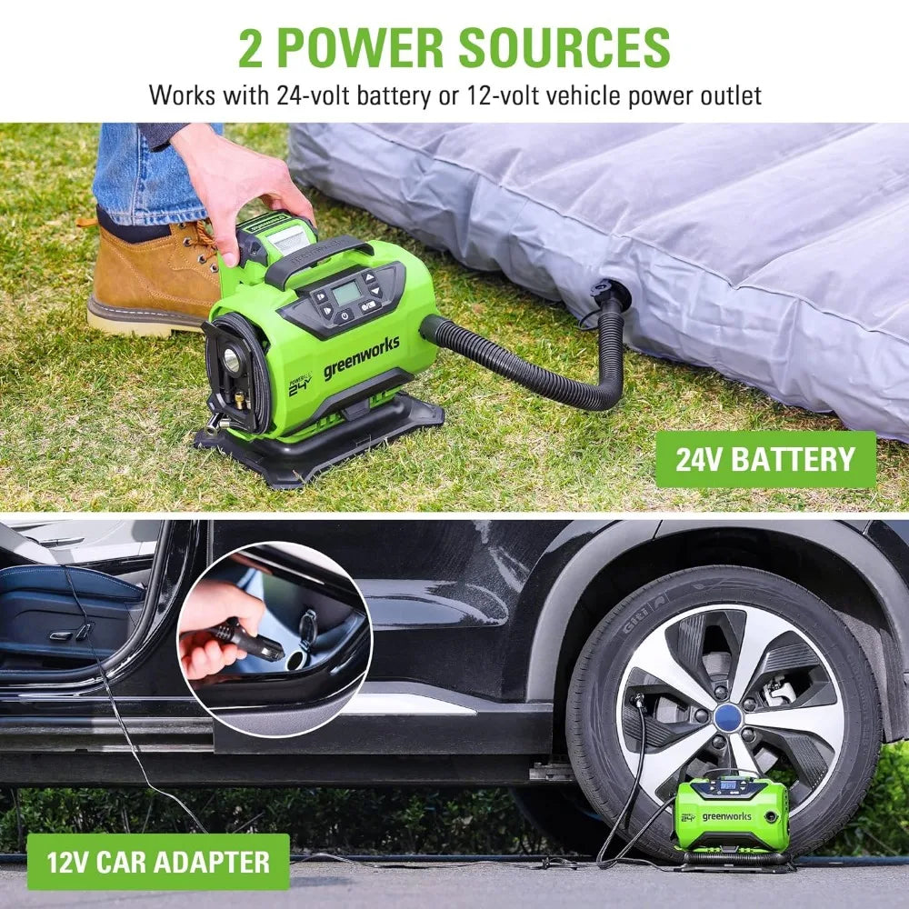 Greenworks 24V Cordless, 160 PSI Portable Air Compressor, 2 Power Sources, Auto Shut Off