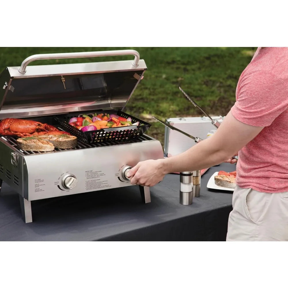 Chef's Style Portable Propane Tabletop BBQ Grill, 2 Burners, Stainless Steel