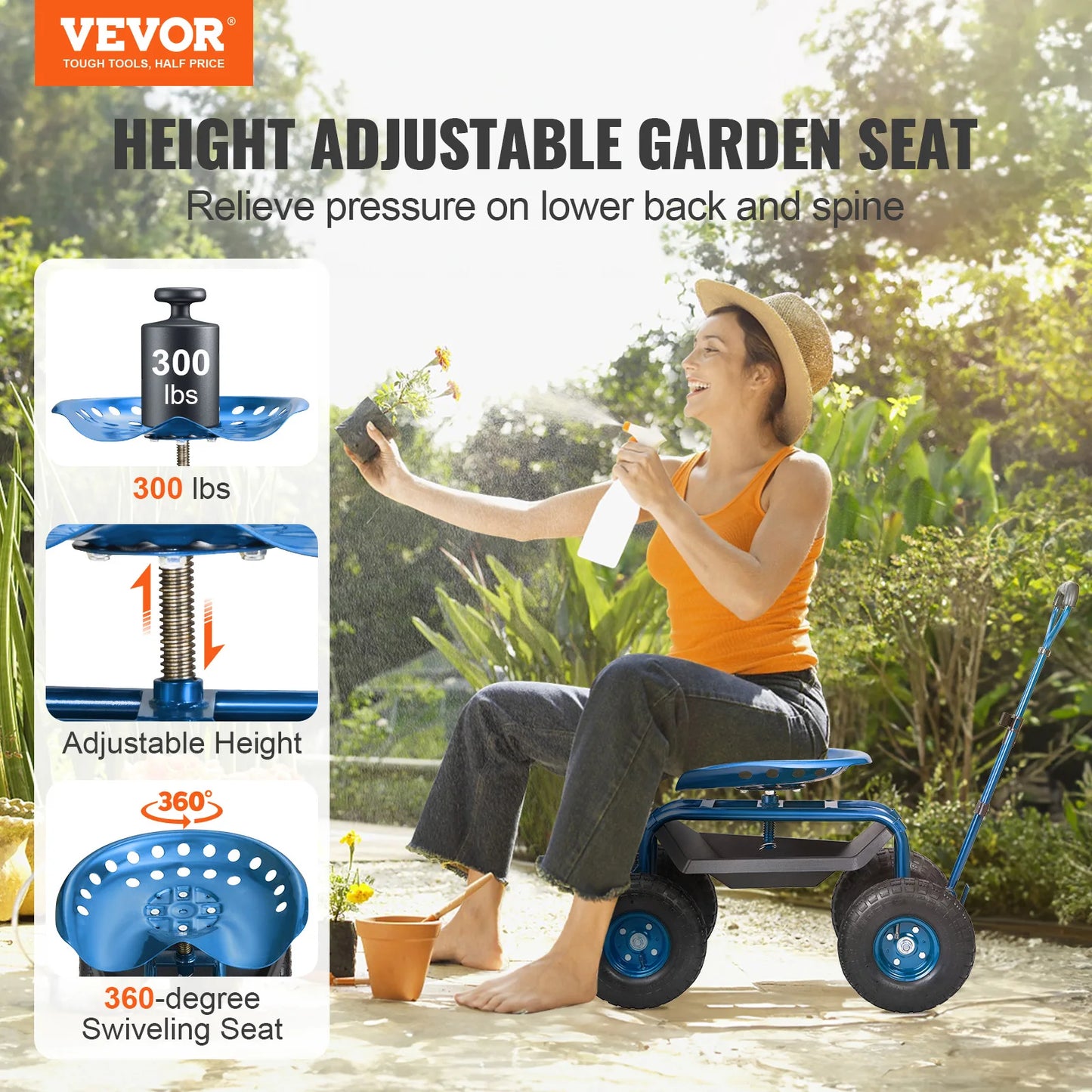 VEVOR Rolling Workseat: Gardening Stool with 360° Swivel Seat, Wagon Scooter w/ Steering