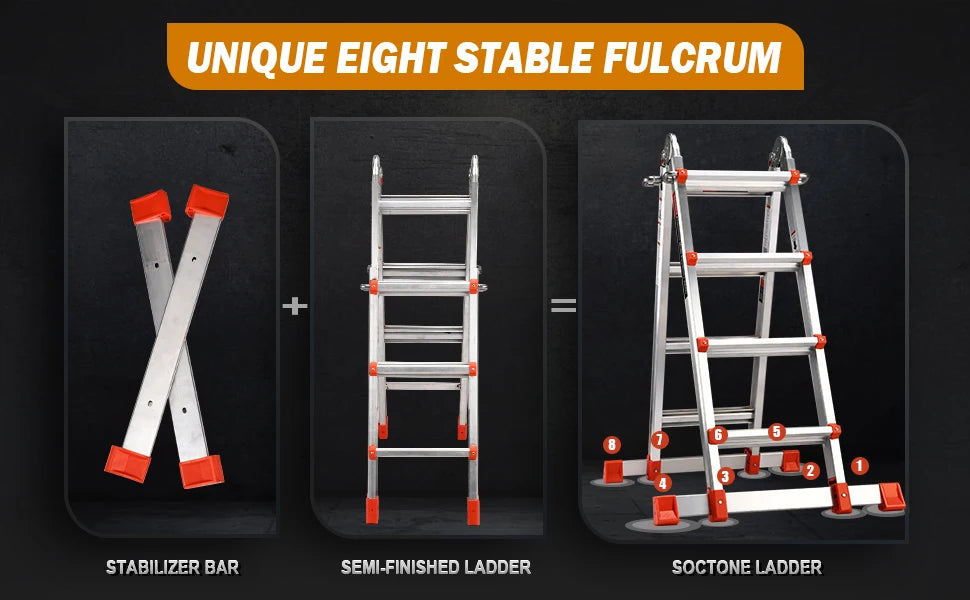 A Frame 4 Step Extension Ladder, 17 Ft w/ Multi Position & Removable Tool Tray w/ Stabilizer Bar