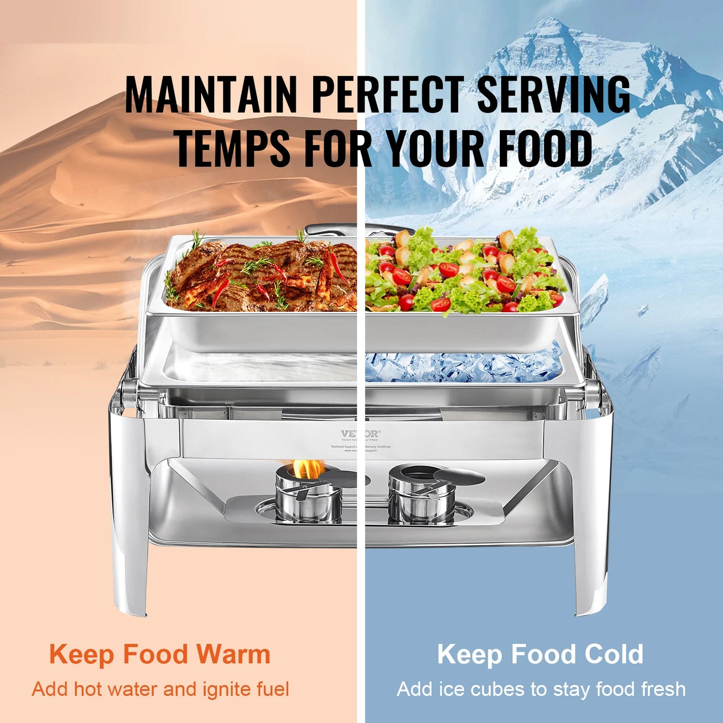 VEVOR Roll Top Chafing Dish Buffet Set 8 Qt Stainless Steel with Full Size Pan Rectangle with Lid