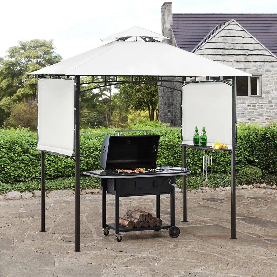 Steel Double Tiered BBQ Grill Gazebo: 13ftLx4.5ftW with Extendable Shades, Bar Counters, White