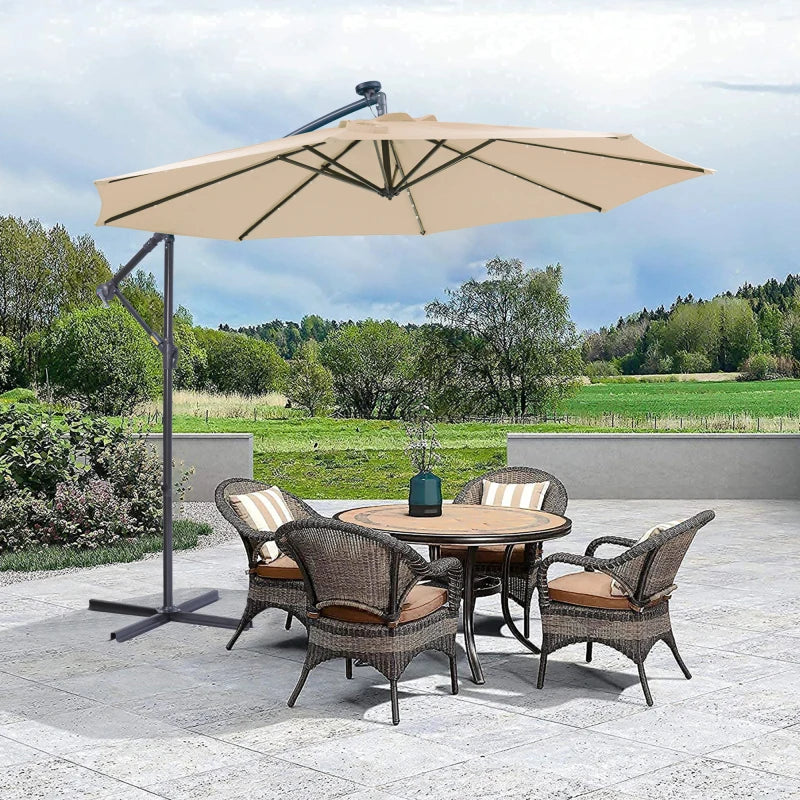 10FT Solar LED Cantilever Umbrella: Easy Open, Offset Design, 32 LED Lights