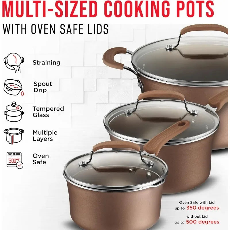 Cookware Set – 23 Piece –Gold Multi-Sized Cooking Pots with Lids, Skillet Fry Pans and Bakeware