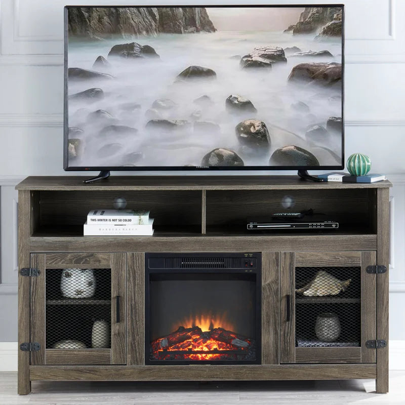 TV Stand w/ Electric Fireplace - Fits up to 65" Flat Screen, Storage Cabinet, Adjustable Shelves