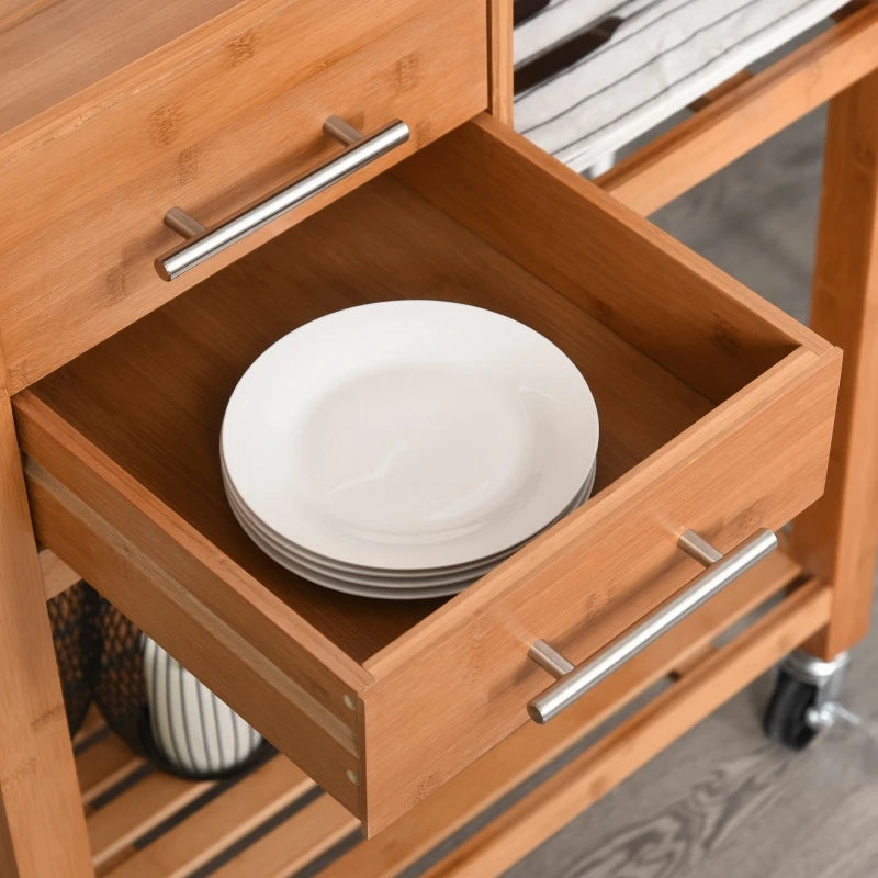 Bamboo Kitchen Island Trolley: Rolling Utility Cart w/ 2 Drawers, Adjustable Shelving & Wheels