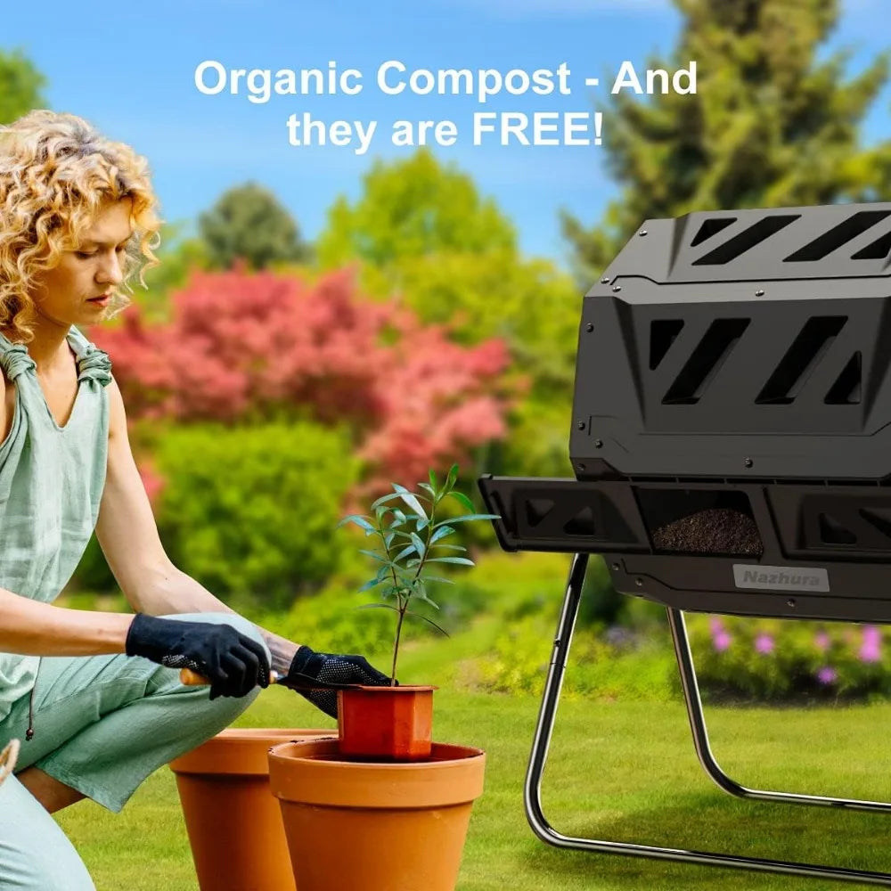 Compost Tumbler Bin Composter Dual Chamber 43 Gallon (Bundled with Pearson's Gardening Gloves)