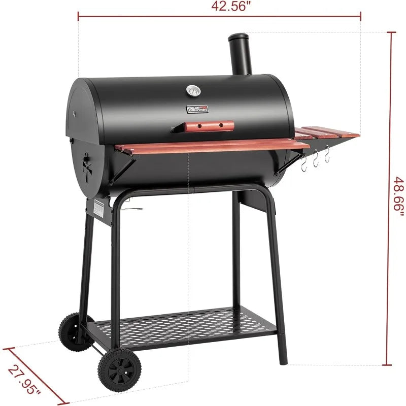 30 Barrel Charcoal Grill with Wood-Painted Side Front Table, 627 Square Inches Cooking Space