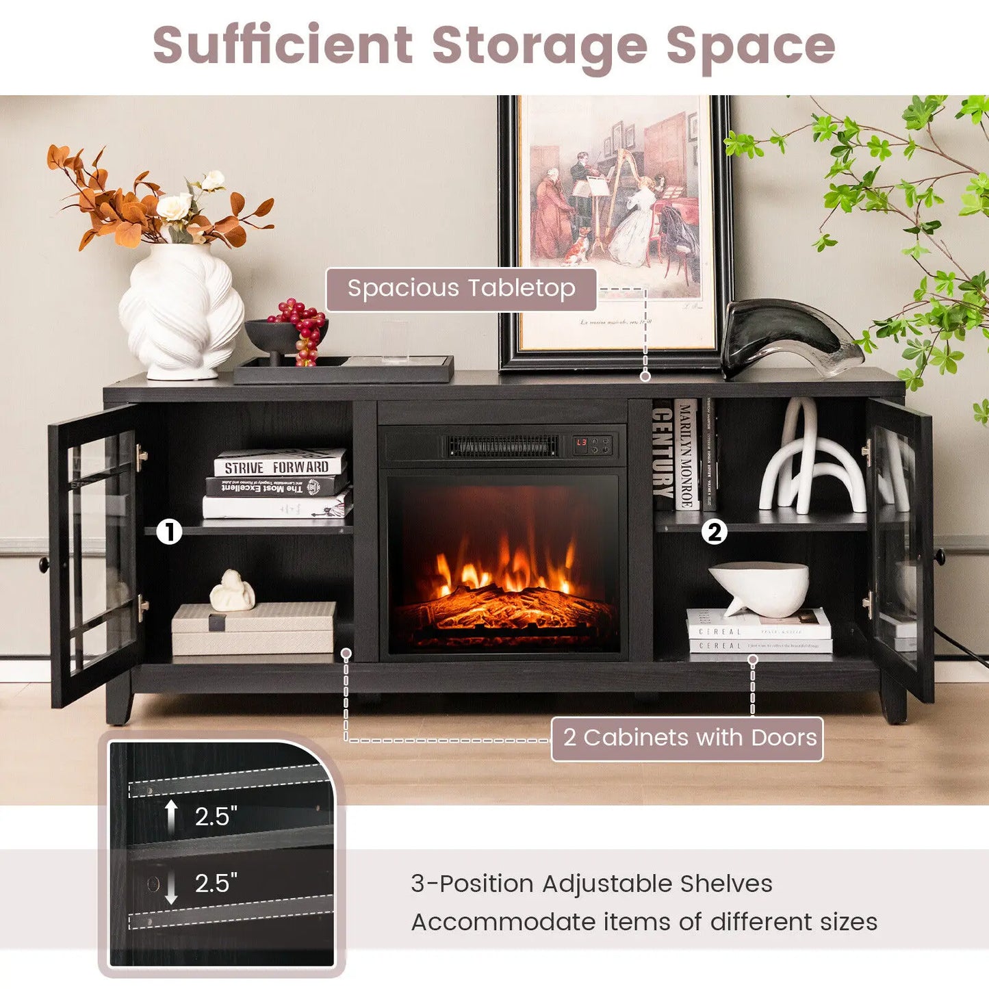 Warm Hearth: 65'' TV Stand with Adjustable Shelves & 18'' Electric Fireplace