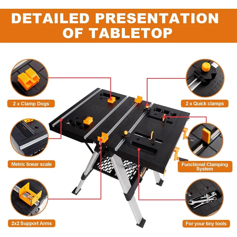 Portable Workbench & Sawhorse, 440Lbs/1000Lbs Capacity Heavy Duty Folding, 21.5"-32.5" Adjustable Height