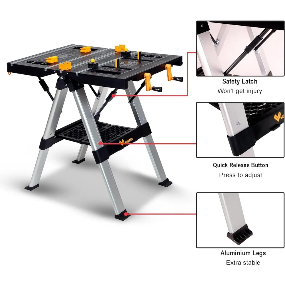 Portable Workbench & Sawhorse, 440Lbs/1000Lbs Capacity Heavy Duty Folding, 21.5"-32.5" Adjustable Height