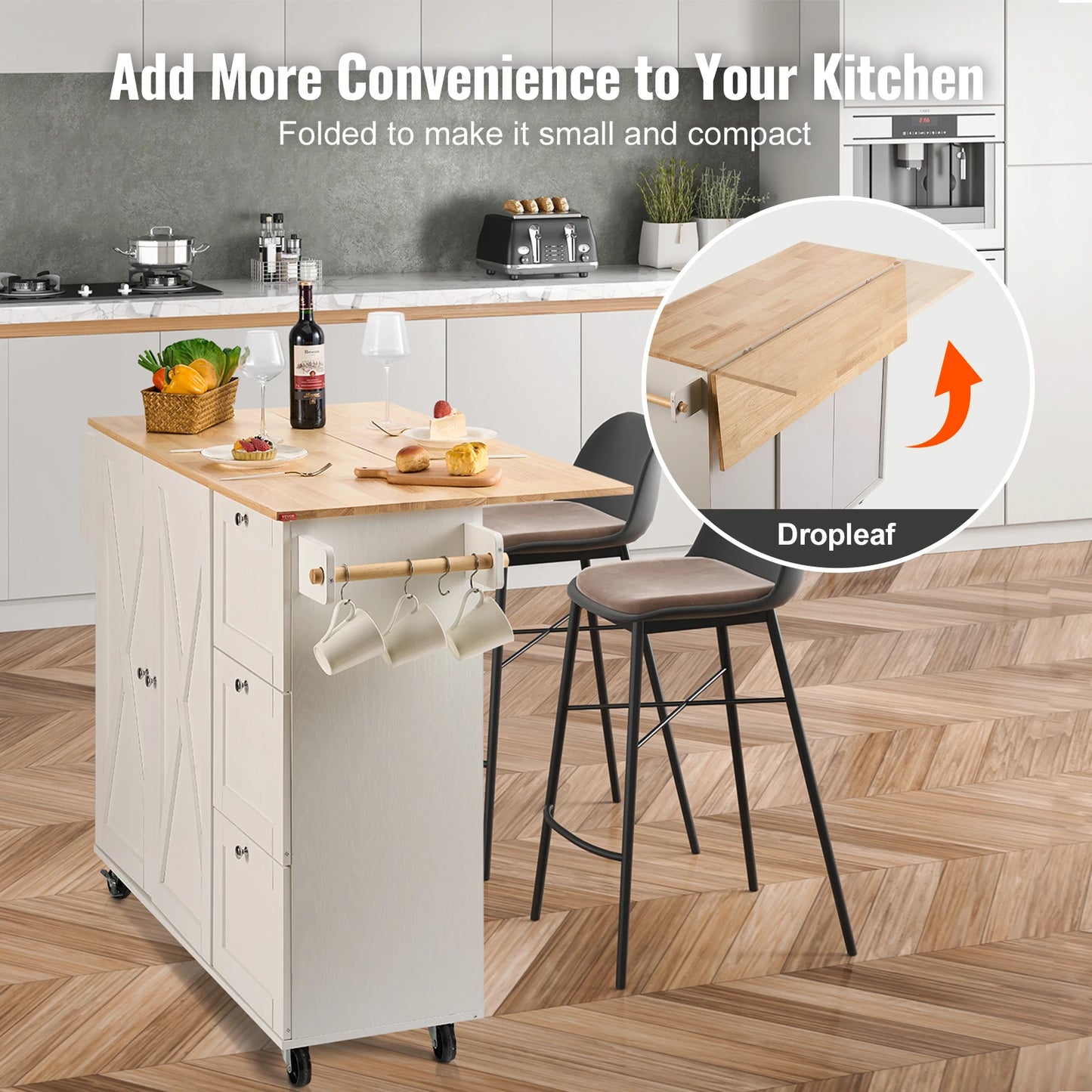 VEVOR White Mobile Kitchen Island: 2-Door, 3-Drawer Cart w/ Rubber Wood Desktop & Rolling Wheels