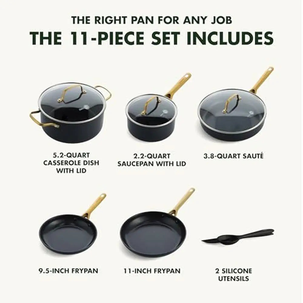 Hard Anodized Ceramic Nonstick Cookware Set 11 Piece Kitchen Pots Pans Glass Lids Gold-Tone Handles