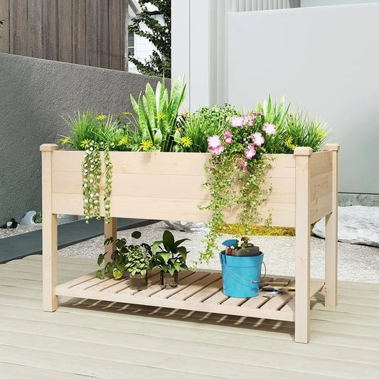 BIRASIL Outdoor Raised Garden Bed: Wood Planter Box for Vegetable Flowers, Reinforced, Elevated