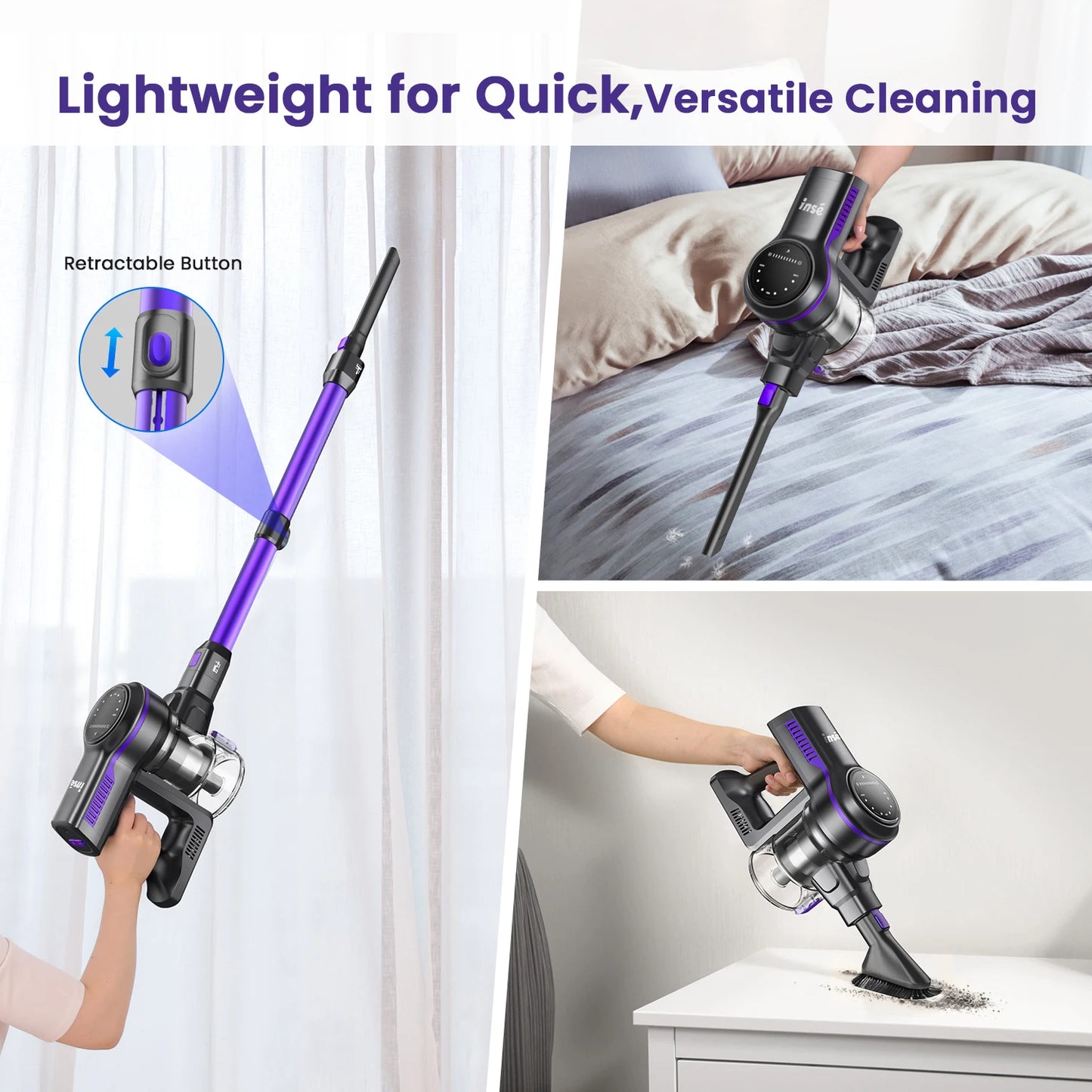 INSE S7P Cordless Vacuum: 26Kpa Suction, 6-in-1, Free-Stand Design