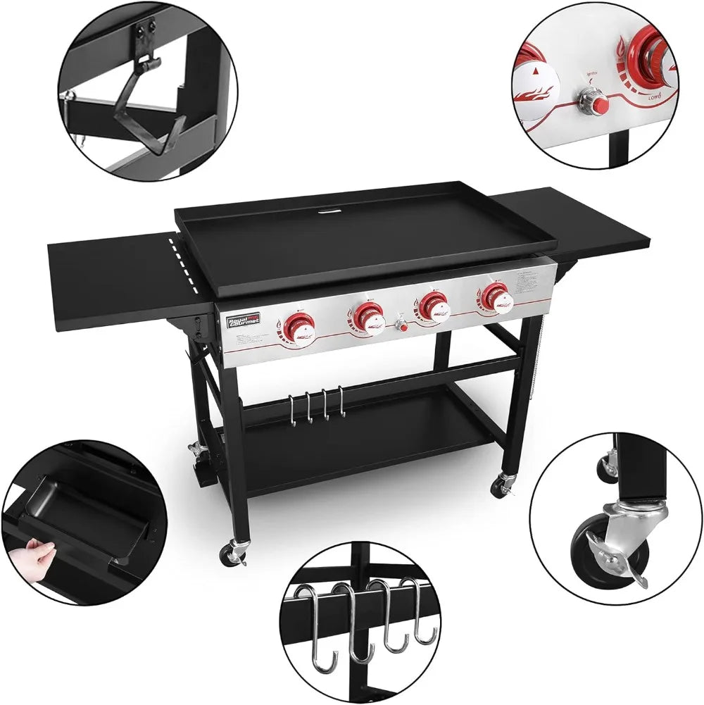 36-inch Propane Gas Grill Griddle: 4-Burner BBQ with Powerful Heating, Stainless Steel Control Panel