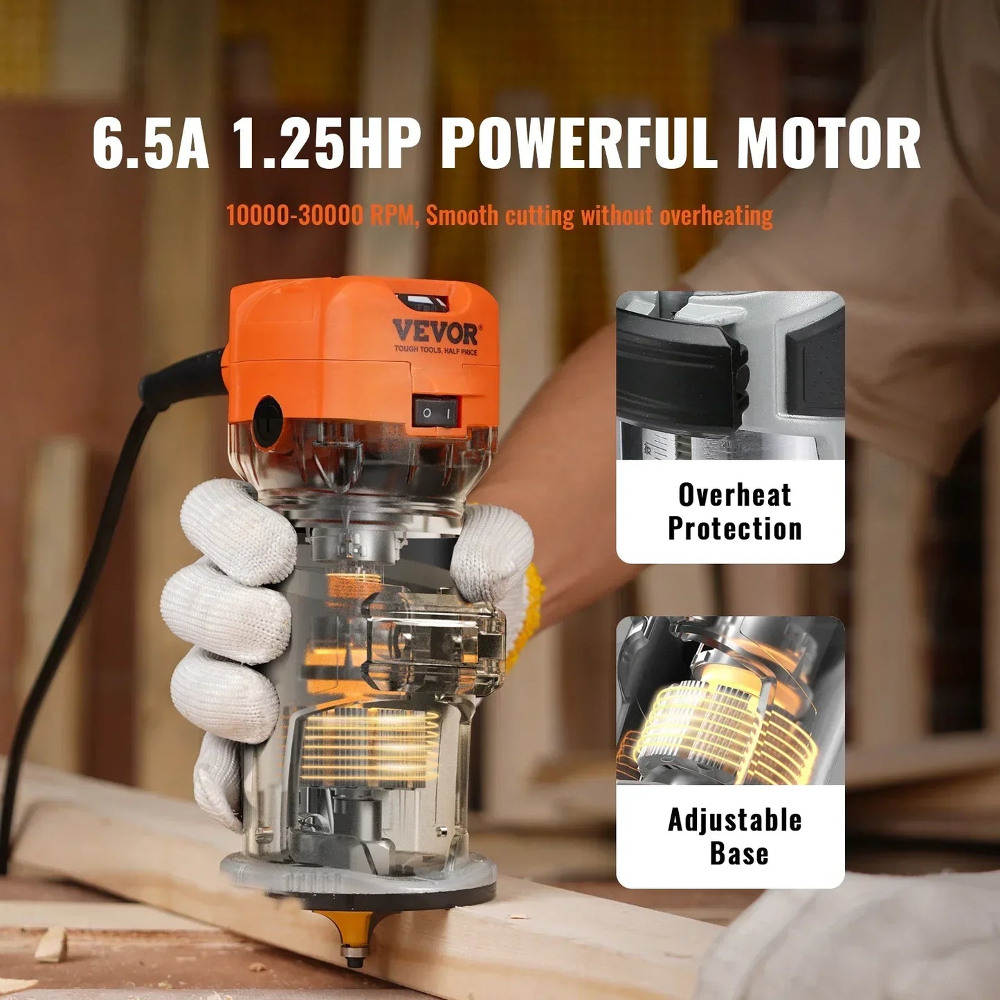 VEVOR 1.25HP Compact Wood Router: 800W Trimmer Combo Tool, 6 Speeds, 30000RPM