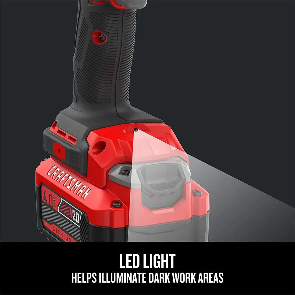 CRAFTSMAN V20 RP Impact Wrench: Cordless, Brushless, 1/2", 4Ah Battery, Charger Included