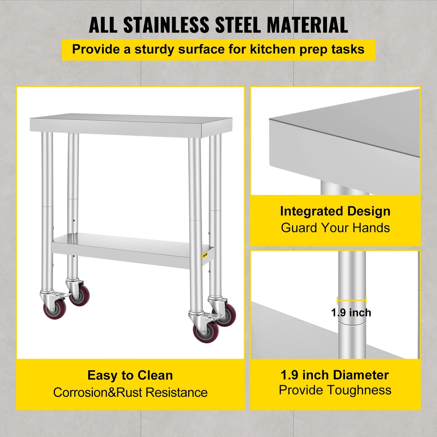 VEVOR Stainless Steel Kitchen Worktable shelves Commercial Work Bench Table with Caster Wheels