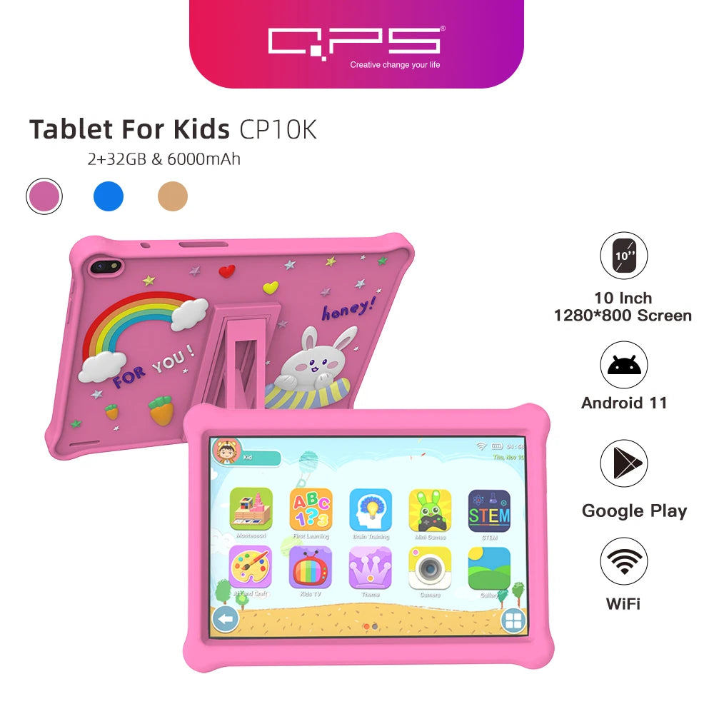 QPS 10 Inch Kids Tablets Android 11 1280*800 HD Ouad Core Wifi 2GB 32GB with Holder