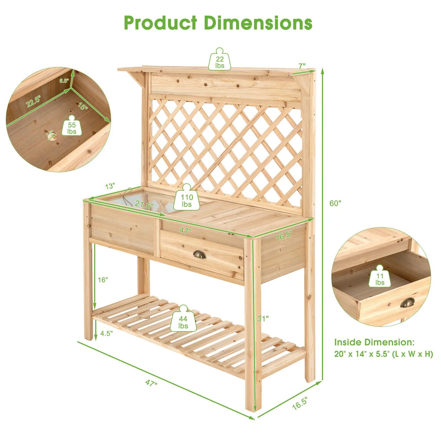 Costway Outdoor Garden Potting Bench Table Wooden Work Station w/Metal Top Open Shelf