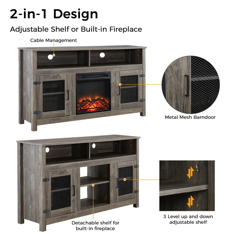 TV Stand w/ Electric Fireplace - Fits up to 65" Flat Screen, Storage Cabinet, Adjustable Shelves