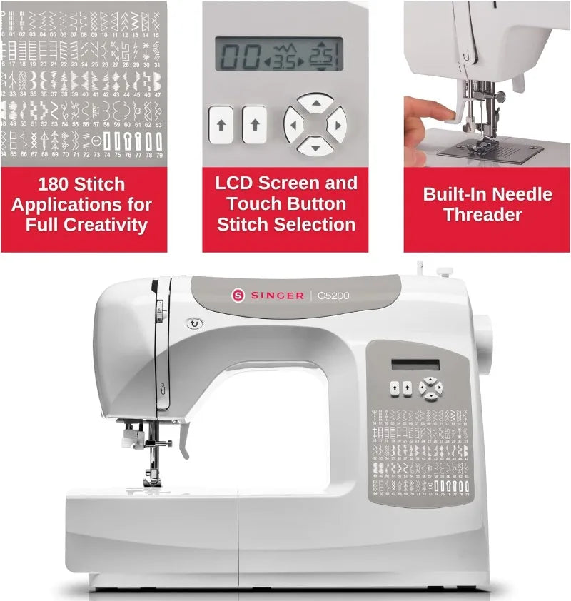 Grey C5200 Sewing Machine: White Basics with Stretch & Decorative Stitches for Larger Projects