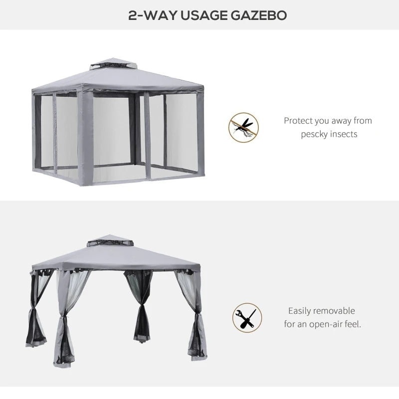 9.6'x9.6' Terrace Gazebo: 2-Tier Roof Canopy, Steel Frame, Mosquito Net, Grey, Outdoor Party Tent