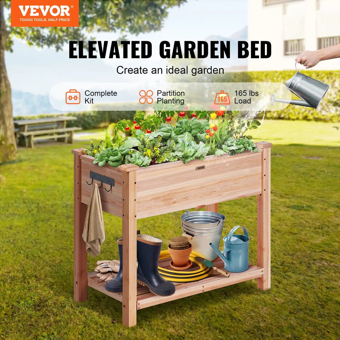 Elevated Wooden Garden Bed with Sturdy Legs, Non-Woven Liner, and Tool Set: Raised Planting Stand