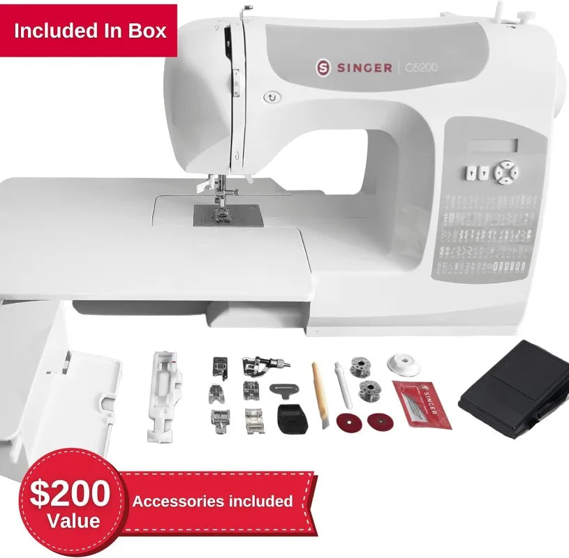 Grey C5200 Sewing Machine: White Basics with Stretch & Decorative Stitches for Larger Projects